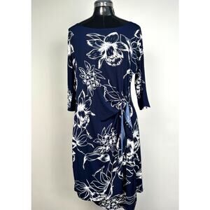 Robbie Bee Navy and Cream Floral Midi Faux Wrap Dress Women’s Med Petite